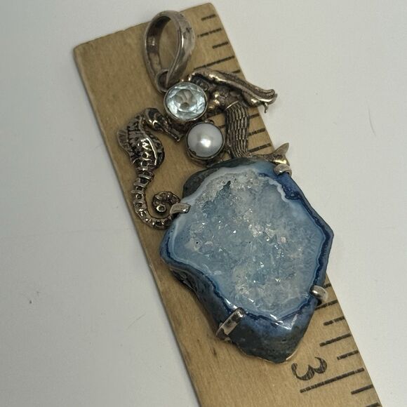 Sterling Silver Blue Agate Druzy Topaz Mermaid Seahorse Pendant Rare 20.63g - Picture 3 of 10